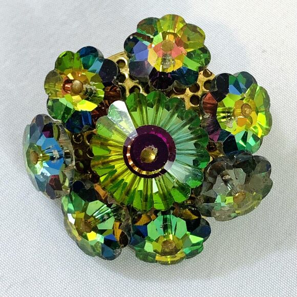 Vtg Watermelon Rivoli Purple Green AB Crystal Flower Cut Bead Cluster Brooch Pin - Picture 2 of 6